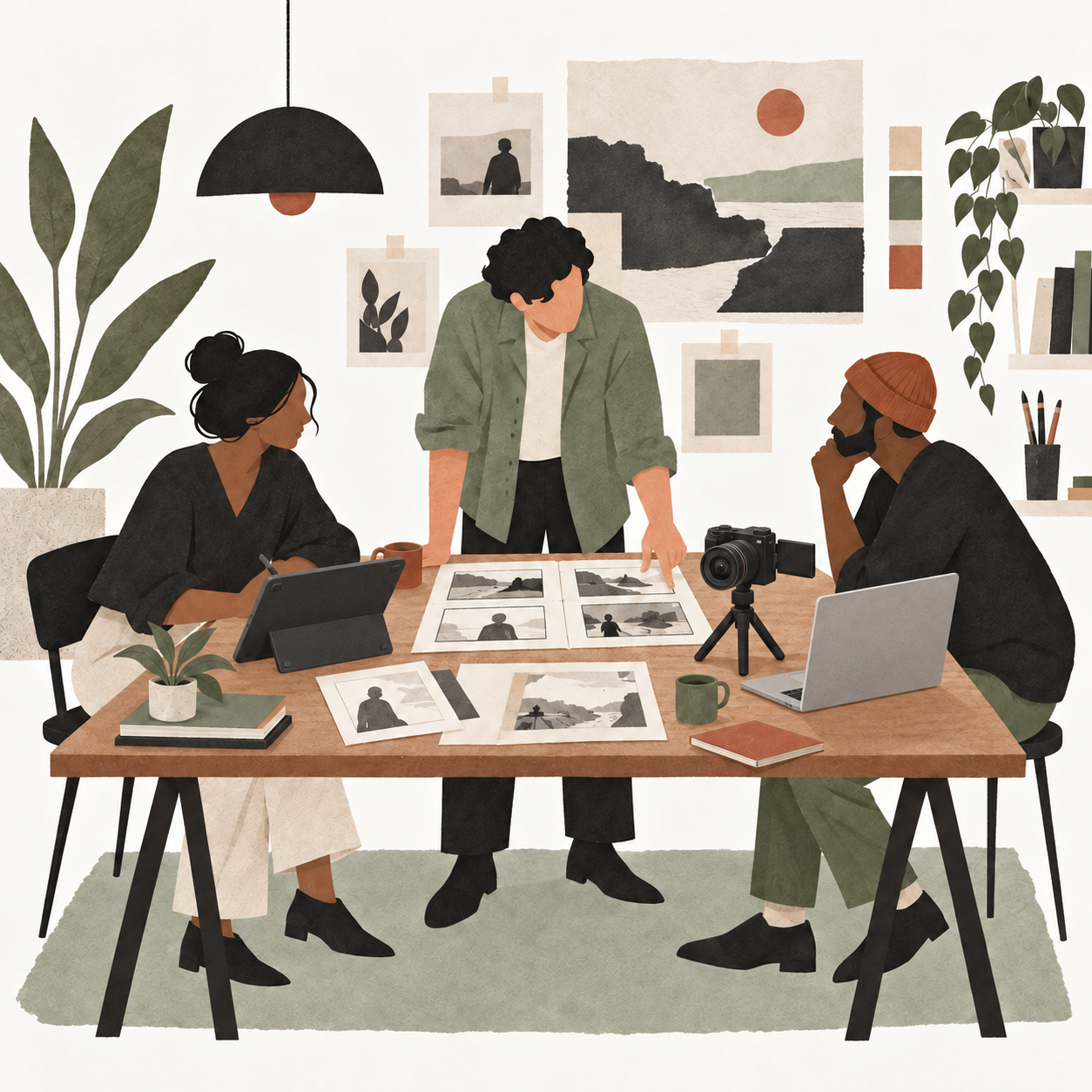 Paper collage of three creative collaborators planning a film with a drawing tablet, laptop and mirrorless camera.