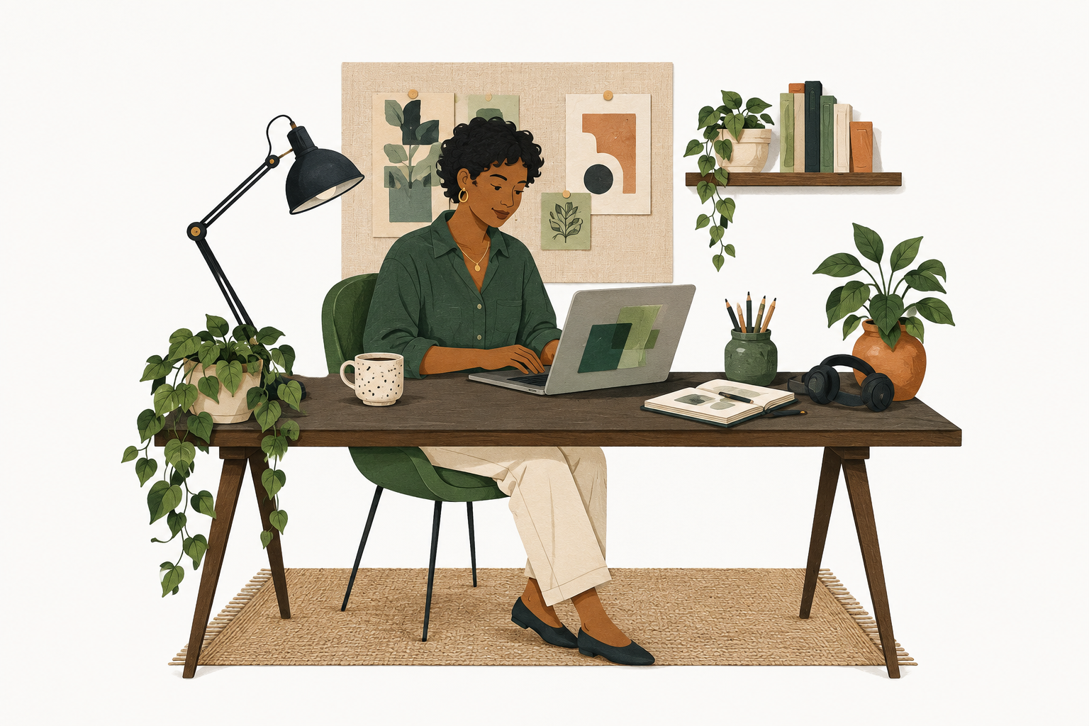 A creative maker at a laptop, surrounded by plants, art, books and the tools of her craft.