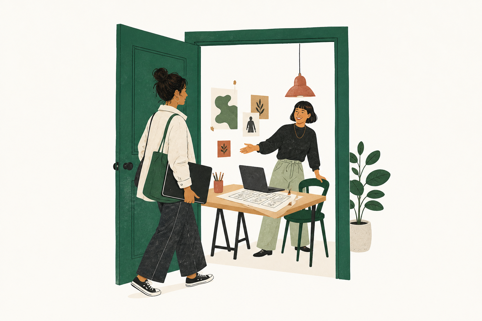 A collaborator with a portfolio being welcomed into a focused studio workspace.