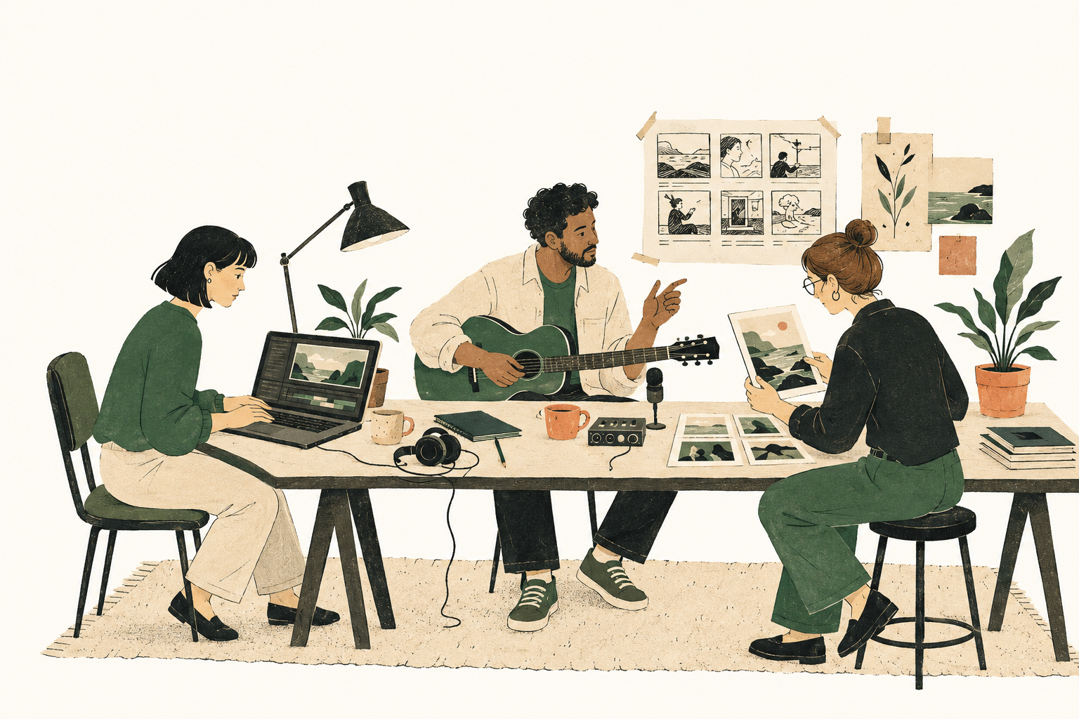 A filmmaker, musician and designer working together around a studio table.